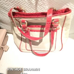 Brahmin Red and Cream Tote Bag